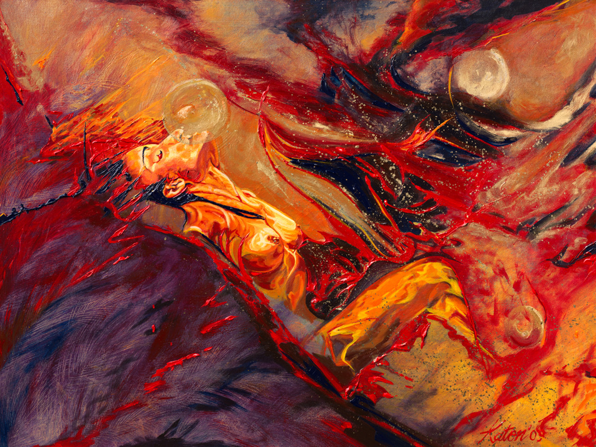 e) Wildfire! by Kathleen Tonnesen  Image: "Wildfire!" Painting © Kathleen Tonnesen, 2009. My artwork "Wildfire!" is an aspect of raw human potential, honed by fire.