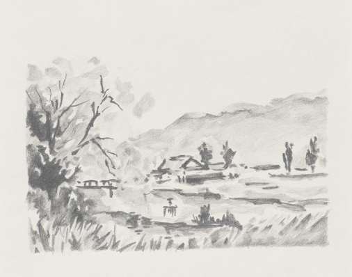 Pencil Sketch for “A Bridge Crossing Tōjō River”, second, 2023 by Mika Horibuchi 