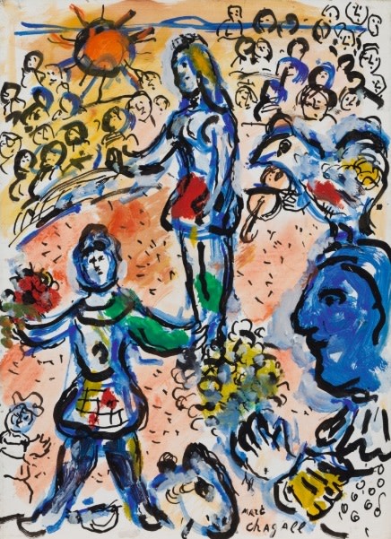 Scene de Cirque Devant le Clown au Visage Bleu by Marc Chagall 