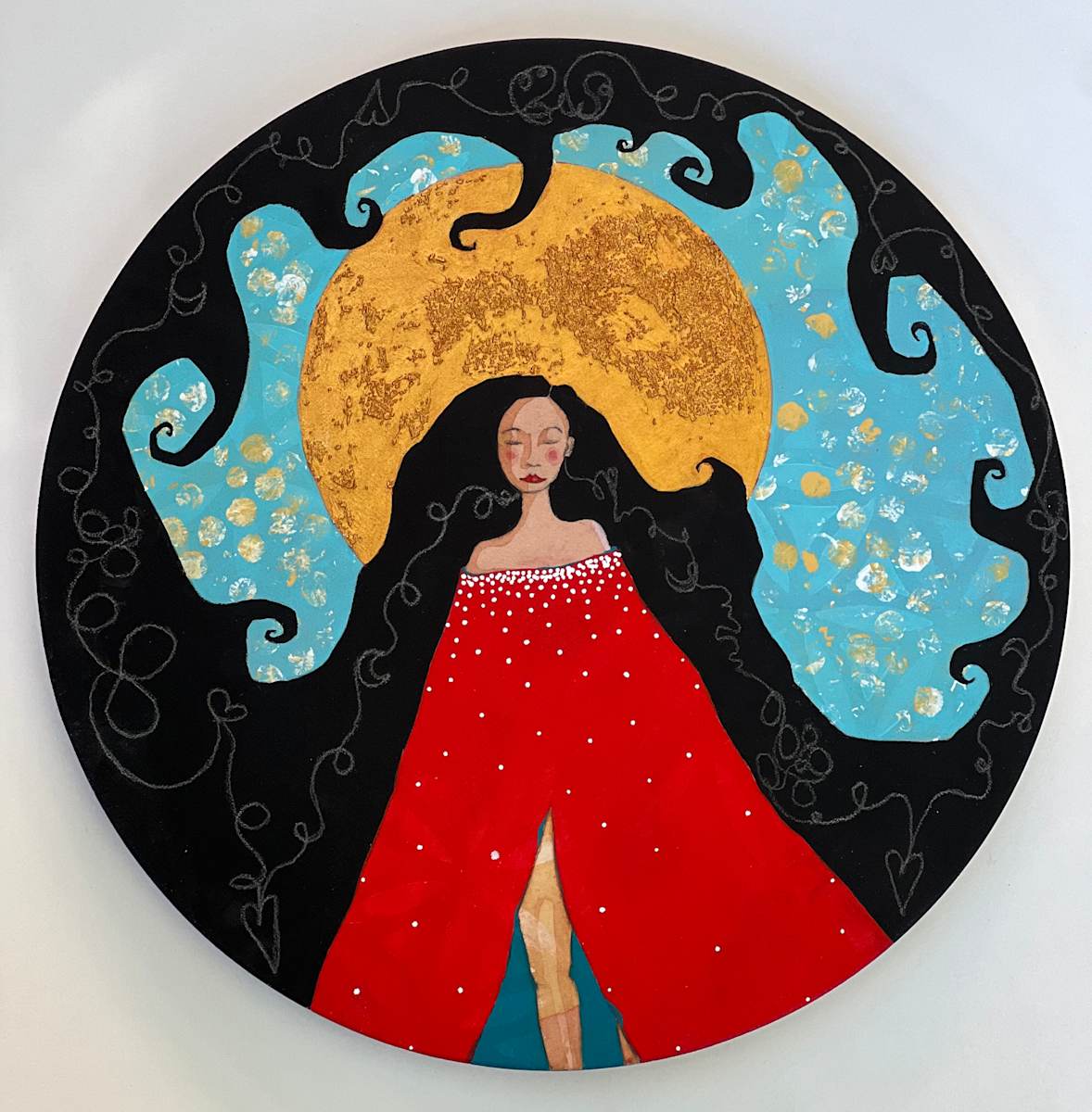 A Foot Forward by Lea K. Tawd  Image: "A Foot Forward," acrylic, Golden glass bead gel, ebony pencil, Posca paint pen on round wood substrate.  12 x 12" by Lea K. Tawd.