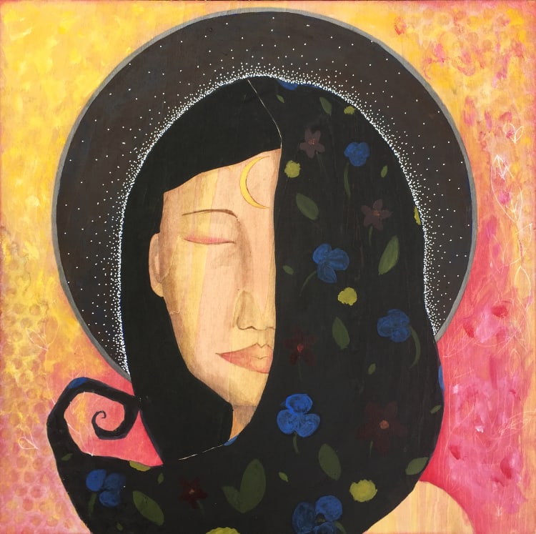 Awakening by Lea K. Tawd  Image: ©Lea K. Tawd, Awakening. Acrylic, graphite, ink, paper on wood panel, 12 x 12."