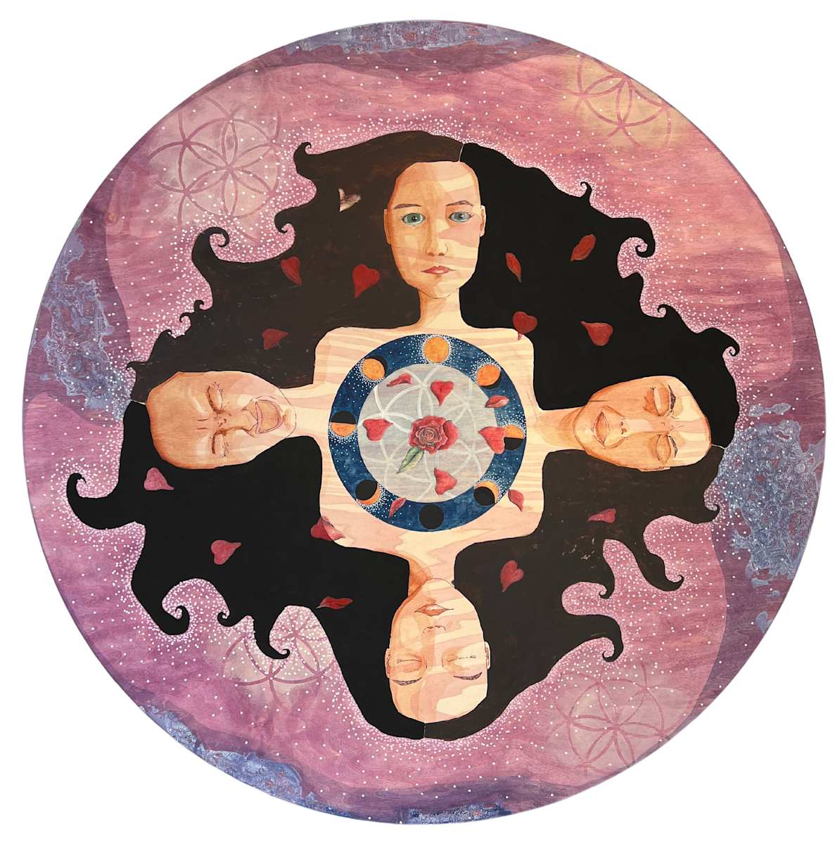 Grief Mandala by Lea K. Tawd  Image: "Grief Mandala," acrylic paint, acrylic ink, Prismacolor Ebony & Premier Colored pencils, Le Plume ink pen, Kroma Crackle, and Posca paint pens on a round wood substrate. 30 x 30" by Lea K. Tawd.