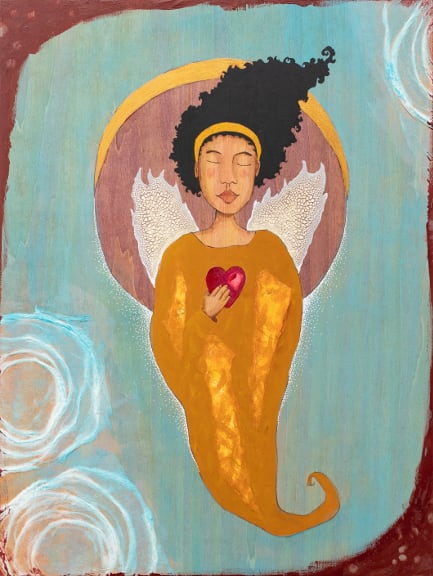 Guardian by Lea K. Tawd  Image: © Lea K. Tawd, Guardian. Acrylic and collaged paper on wood panel, 16 x 20."