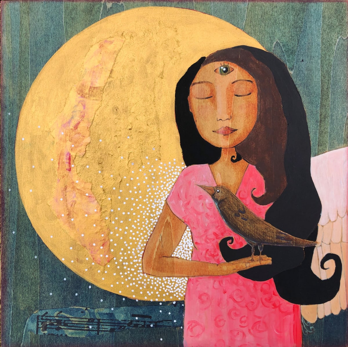 Moon Sight by Lea K. Tawd  Image: © Lea K. Tawd, Moon Sight. Acrylic, collaged paper, ink, graphite on wood panel, 10 x 10."