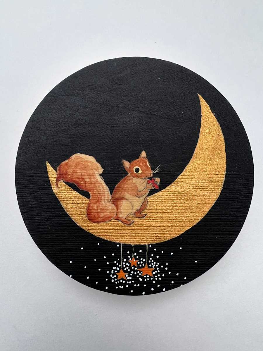 Squirrel Away by Lea K. Tawd  Image: "Squirrel Away," Acrylic and Posca paint pens on wood. 5 x 5" by Lea K. Tawd