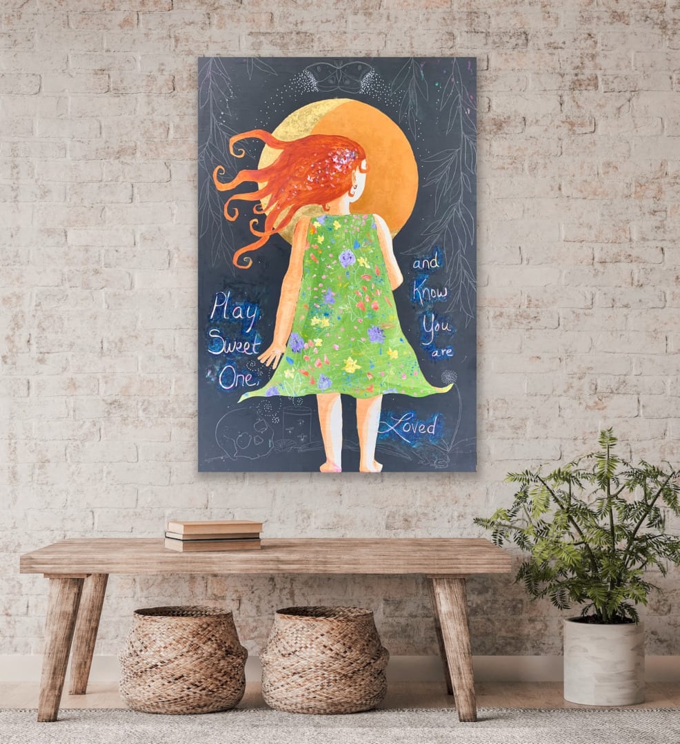 Play, Sweet One by Lea K. Tawd  Image: "Play, Sweet One," in situ. Acrylic, graphite, Posca Pen, 24k gold leaf on wood panel. 36 x 24" by Lea K. Tawd.