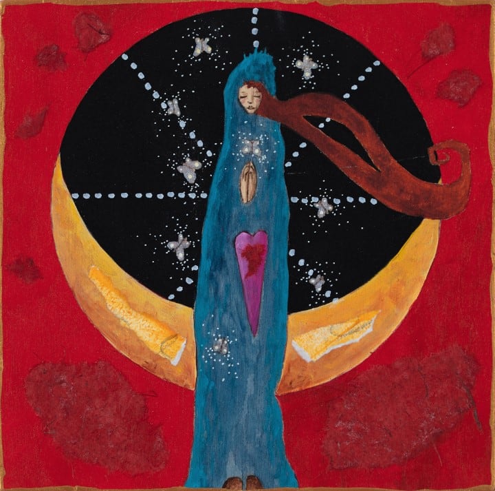 Release by Lea K. Tawd  Image: © Lea K. Tawd, Release. Acrylic, collaged paper and posca pen on wood panel, 8 x 8."