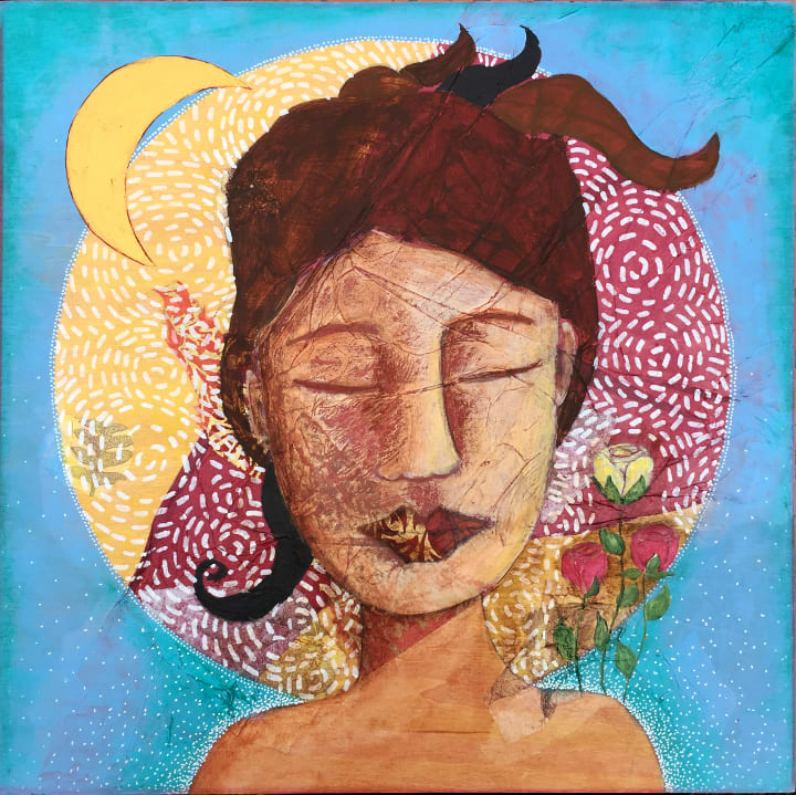 Rose Moon by Lea K. Tawd  Image: © Lea K. Tawd, Rose Moon. Acrylic, pencil, ink, collaged paper on wood panel, 12 x 12."