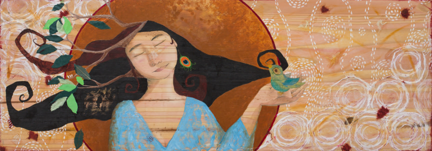Storyteller by Lea K. Tawd  Image: © Lea K. Tawd, Storyteller. Acrylic, and collaged paper on wood, 18 x 48."