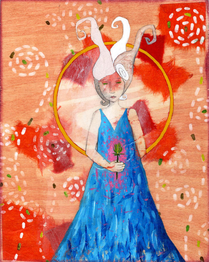 Thistle by Lea K. Tawd  Image: © Lea K. Tawd, Thistle. Acrylic, collaged paper and graphite on wood panel, 10 x 8."