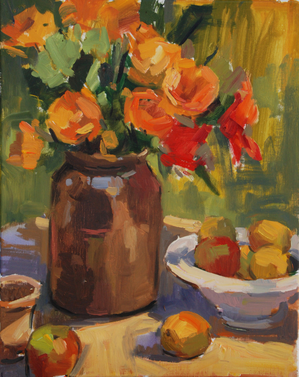 Still Life with Orange Poppies and Fruit by Katie Dobson Cundiff 