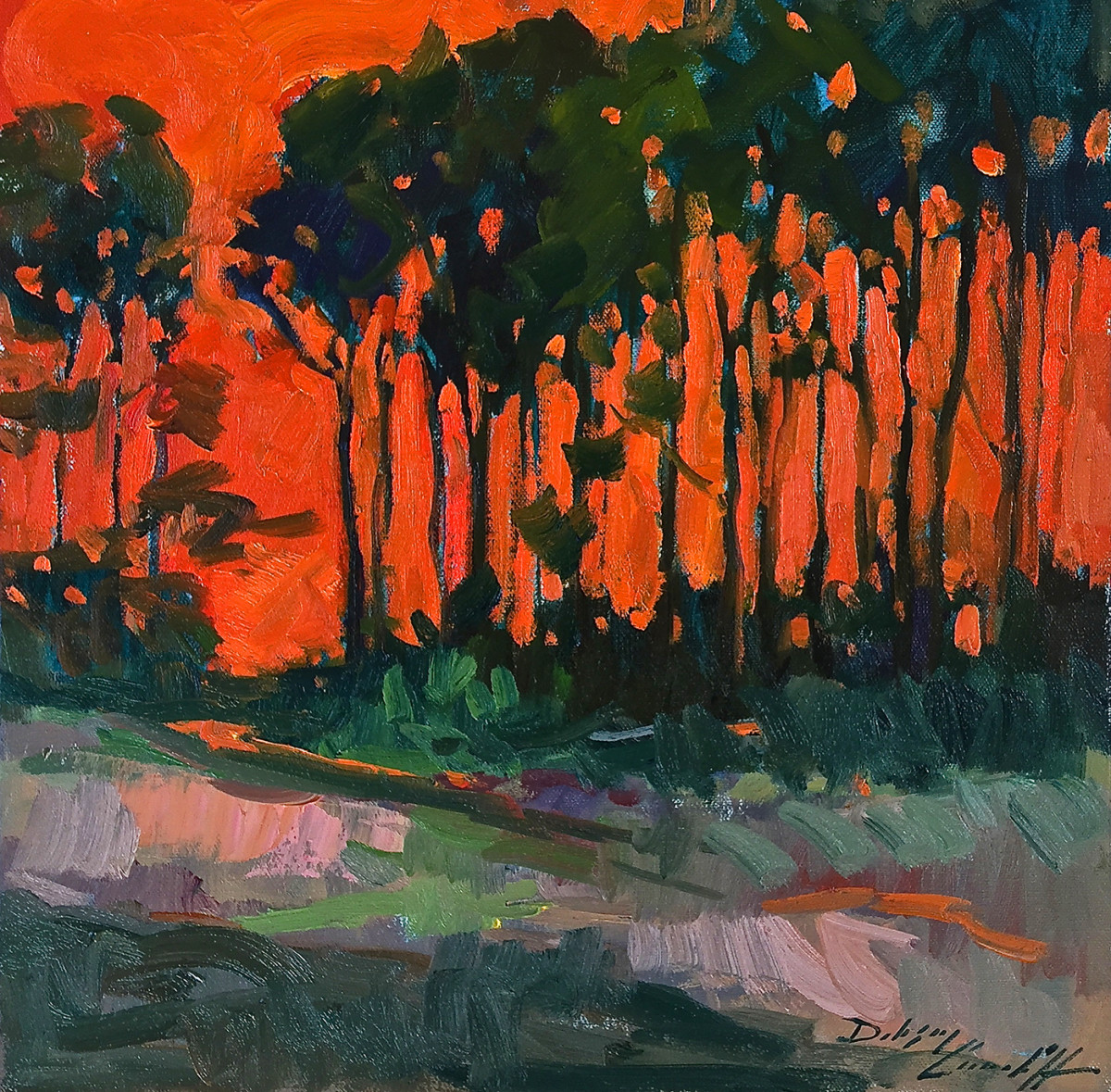 Beach Pines, Red Sky by Katie Dobson Cundiff 