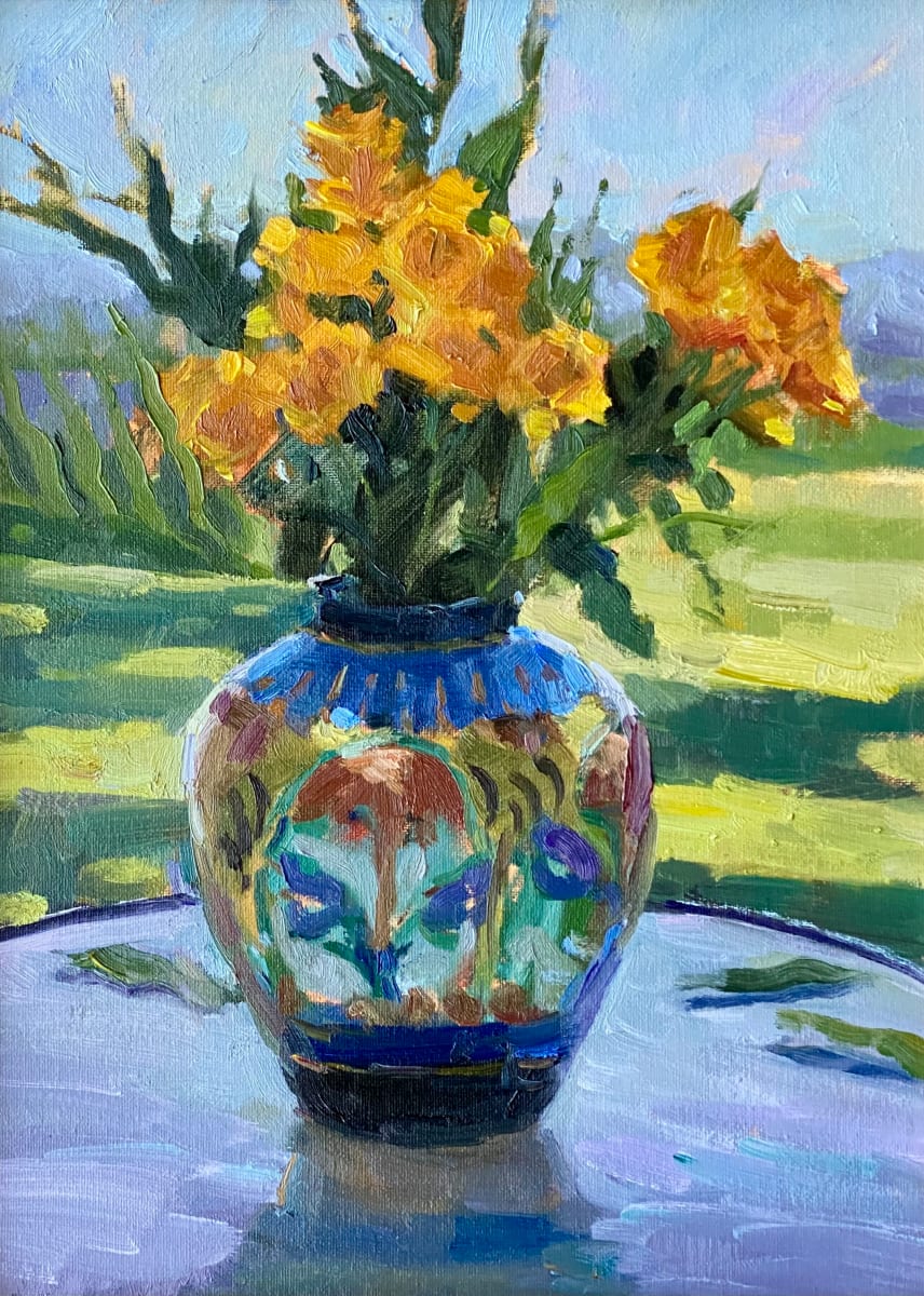 Flowers in Hand Painted Vase by Katie Dobson Cundiff 