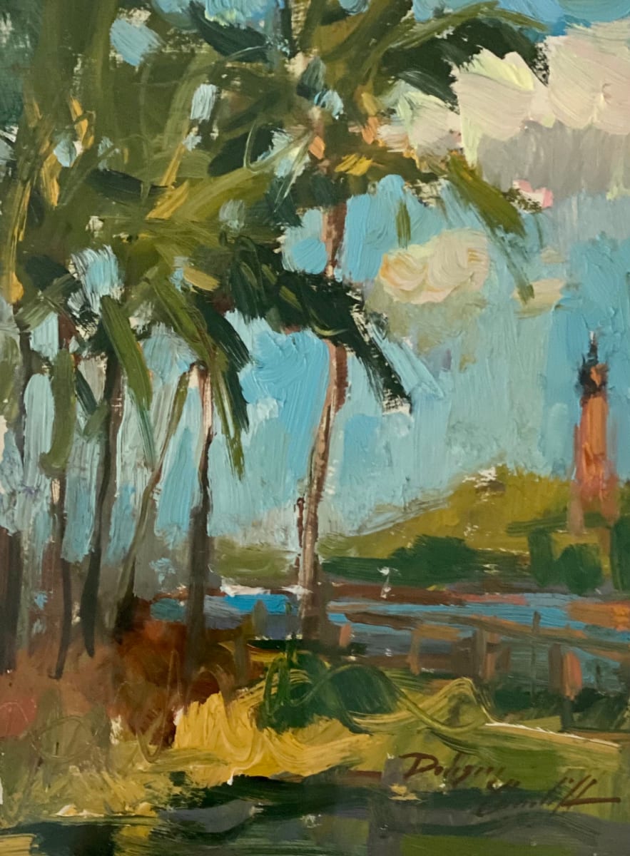 Tequesta Lighthouse and Palms by Katie Dobson Cundiff 