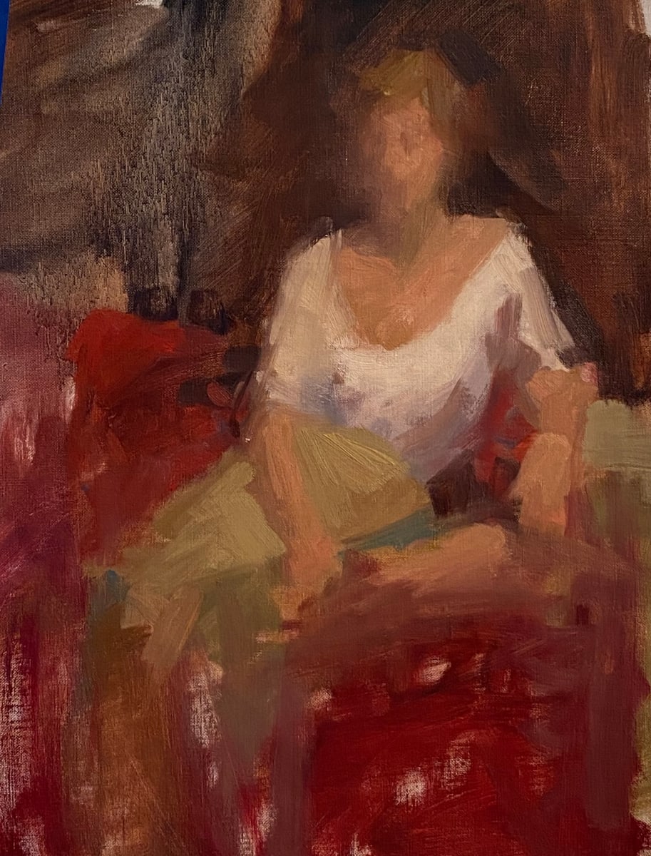 Figure on Red Couch by Katie Dobson Cundiff 