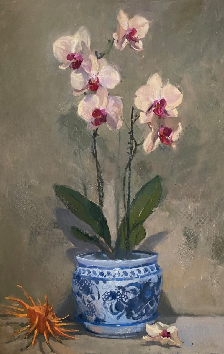 Orchid in Blue & White Vase with Shell by Katie Dobson Cundiff 