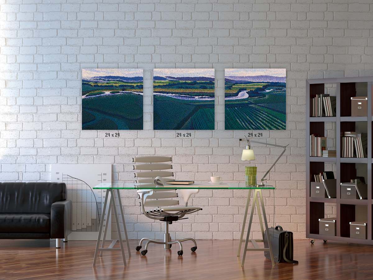 Serendipity by Rebecca Bangs  Image: Bring nature’s calm to your workspace – this triptych offers a refreshing aerial view, creating a serene and inspiring environment for creativity and focus.