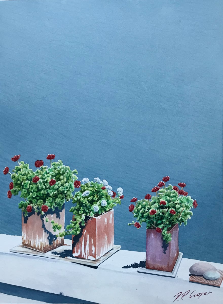 FLOWERS AND SEA by Dave P. Cooper  Image: Flowers in a balcony overlooking the Mediterranean sea