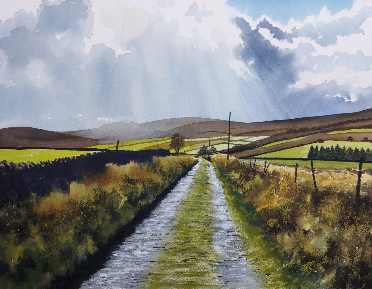 PASSING RAIN by Dave P. Cooper  Image: Sun rays burst from the passing rain clouds on a track in the northern pennines 