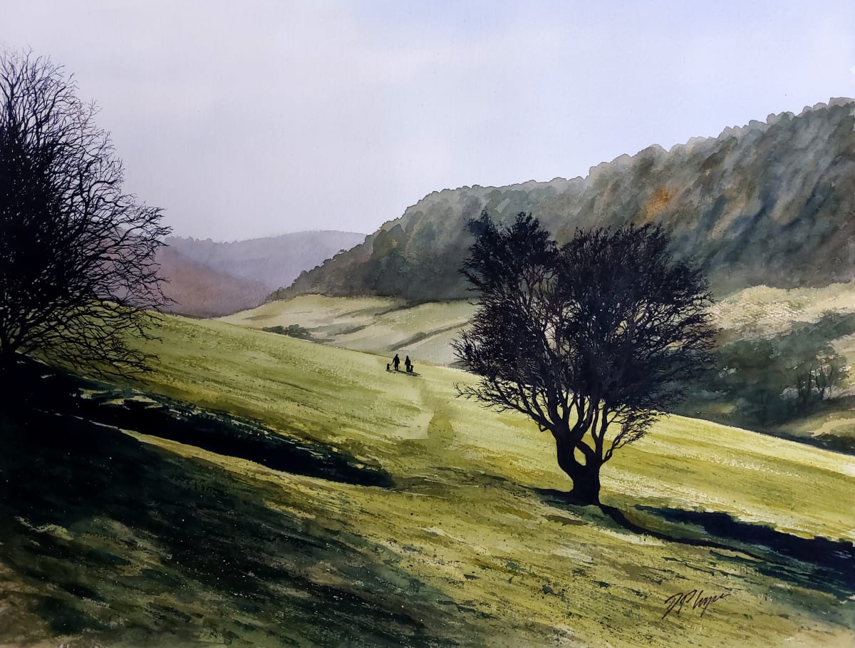 WALKIES by Dave P. Cooper  Image: A couple walk their dogs through the fields in the Hole of Horcum in the North Yorkshire Moors on a crisp winters day