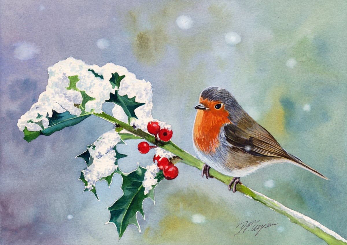 ROBIN by Dave P. Cooper  Image: A robin sits on a snow covered holly branch