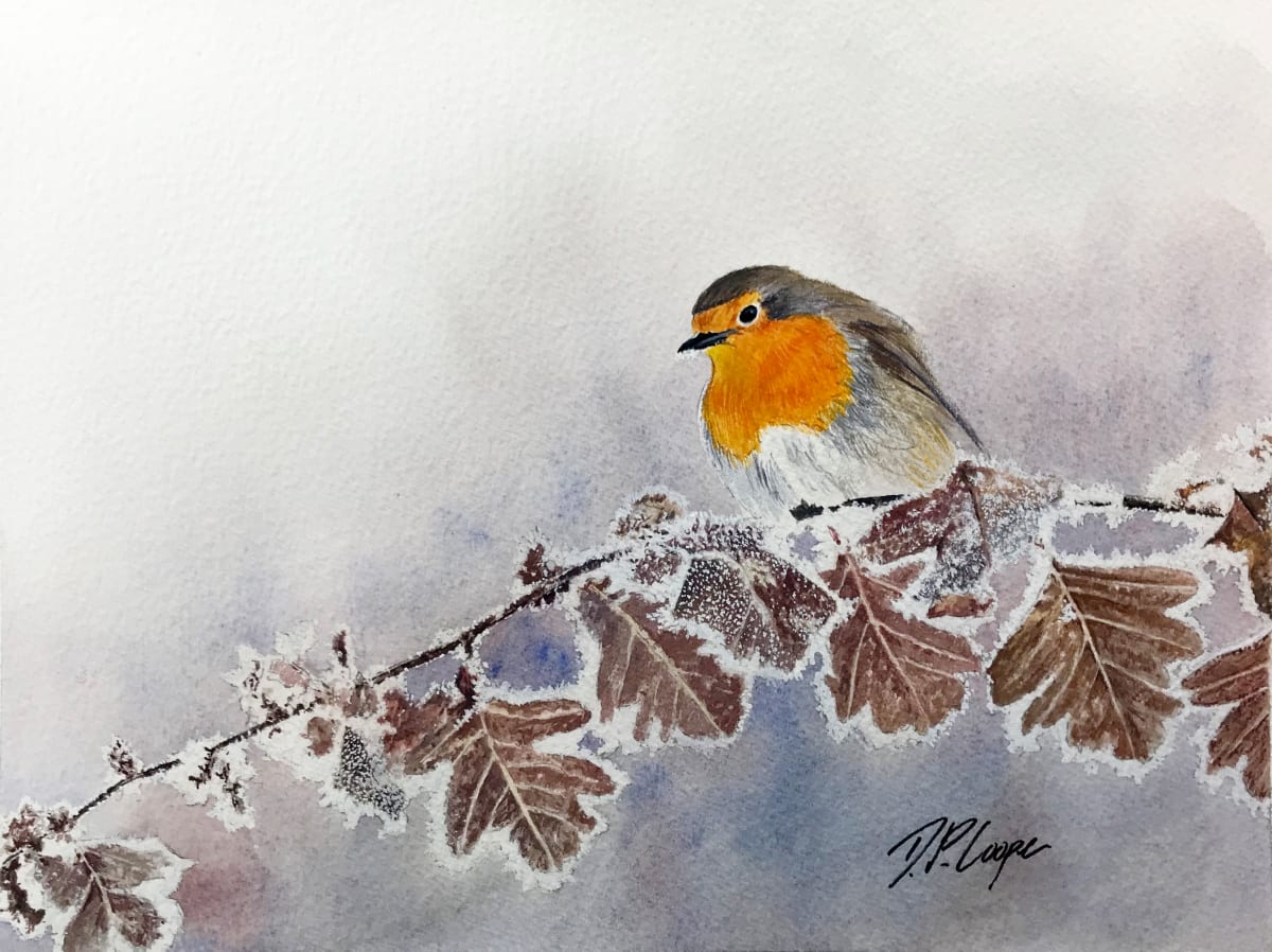 FROST by Dave P. Cooper  Image: A robin sits on a frosty branch