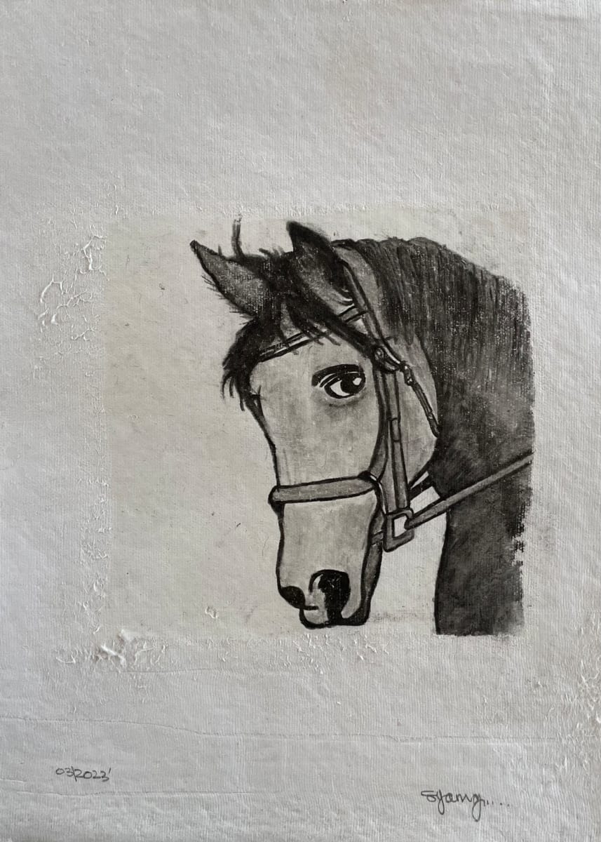 Horse with no name by Scott D.S. Young  Image: Charcoal drawing, and printed on Gelli Plate
On handmade white paper