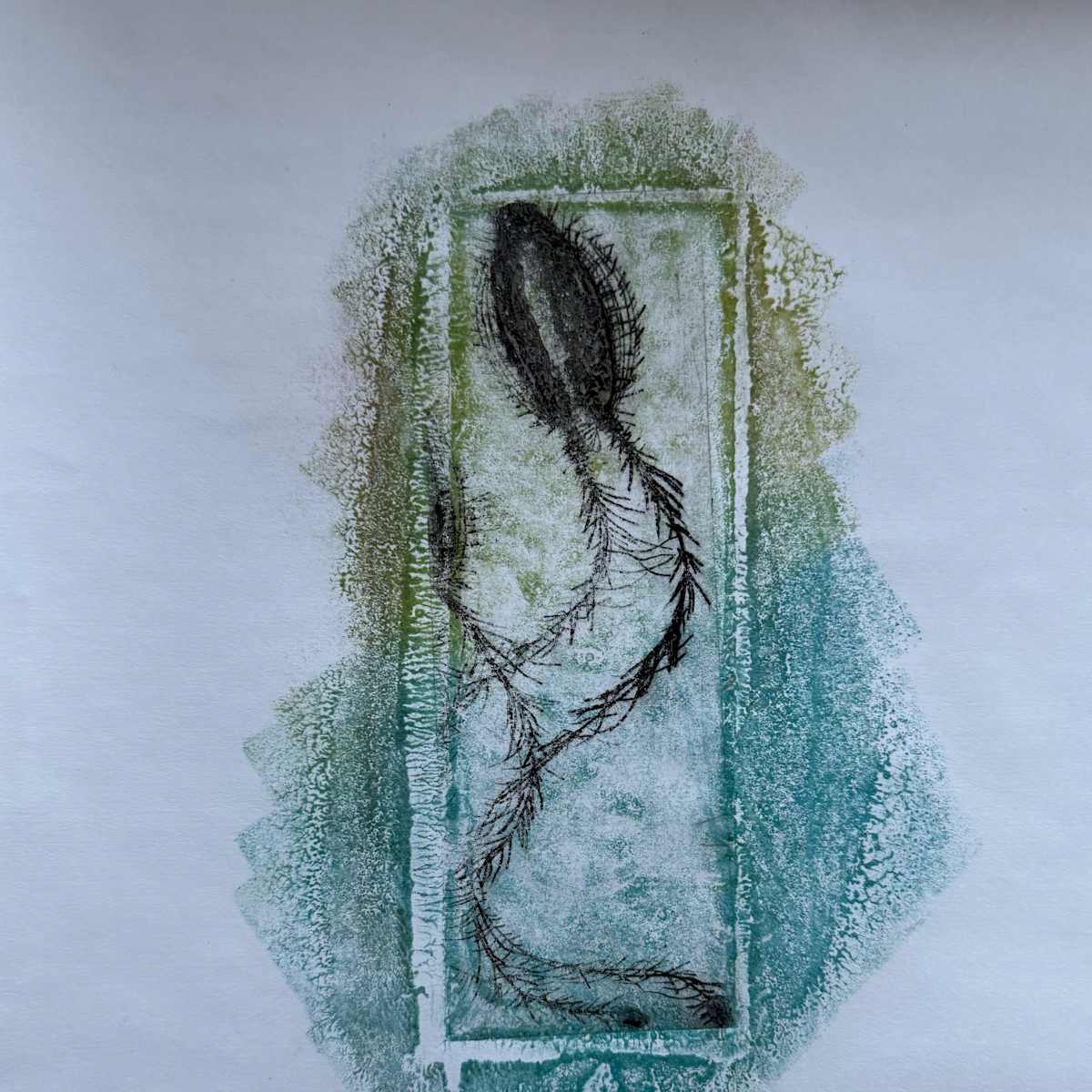 Squid by Scott D.S. Young  Image: This piece is a layered print that captures the organic movement of a squid through intricate printmaking techniques.