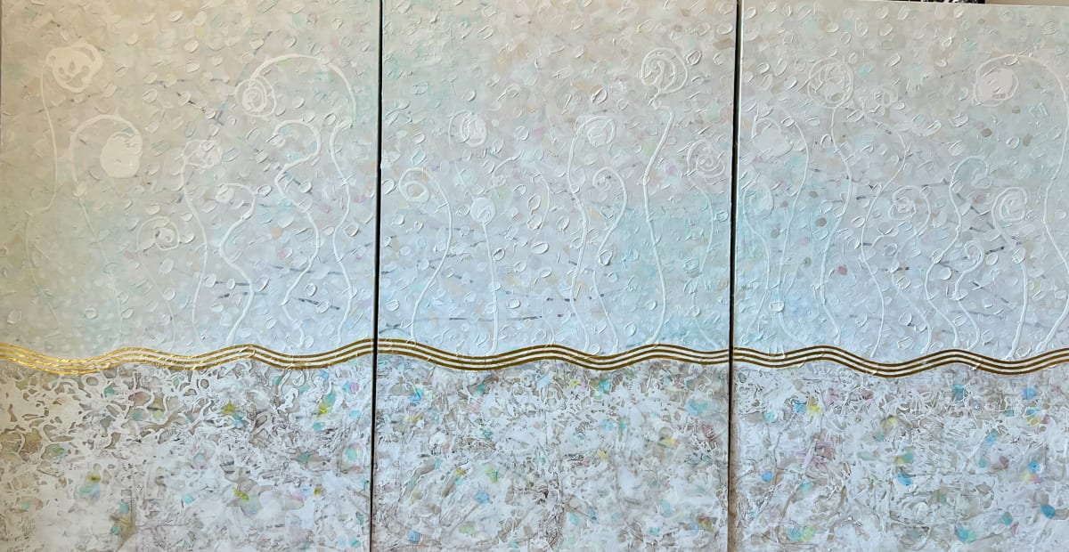 Long Beach Surf  Foam- Triptych by Carolyn Kramer  Image: Triptych, Original Painting is  rich with chunky,  painterly textures and delicate, whimsical washes. Nuanced paint layers move from surface sand to surf & to gold leaf waves. Inspired by microscopic patterns in tide marks and ocean foam. 

