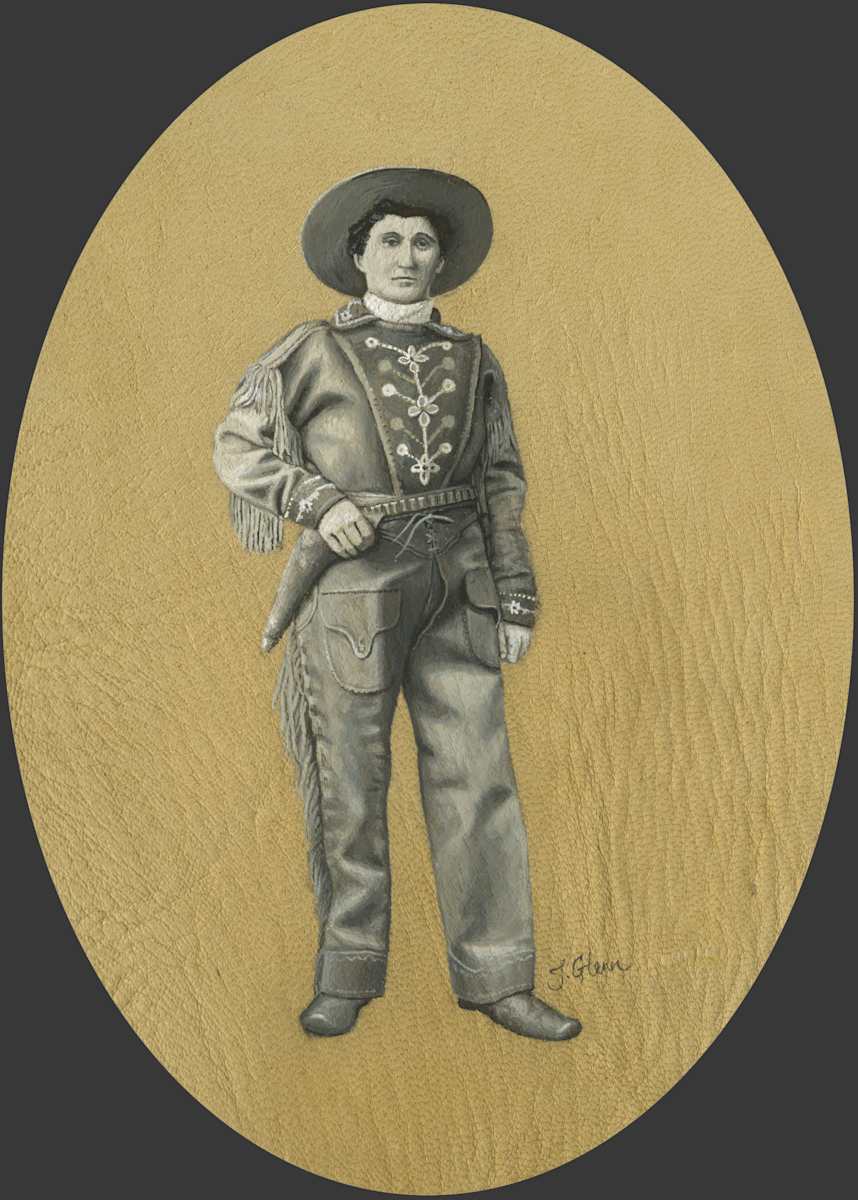 Martha "Calamity Jane" Canary by Jessica Glenn  Image:    Martha Jane Canary, or Cannary, was born in Missouri in 1852, and died in Terry, SD in 1903. Her parents moved the family west on wagon trains, first arriving in Virginia City, MT. When both of her parents died, Martha took charge of her five younger siblings, moving around to Utah and Wyoming, working various jobs. In her autobiographical promotional pamphlet, Life and Adventures of Calamity Jane, she claims she became a scout for the US Army and joined the military campaigns against Native Americans. She was noted for wearing men’s clothing and buckskins and used her “look” to promote her character in traveling shows. There are differing stories about how she earned her nickname, as well as many unproven claims about her escapades, including her romantic involvement with Wild Bill Hickok. She did travel with his Wild West Show and was buried next to him near Deadwood, SD. More stories claim that she was sometimes a prostitute, and had two to four children. Calamity Jane did purportedly marry a man named Clinton Burke later in her life and bought a ranch near Miles City, MT where she ran an inn.
