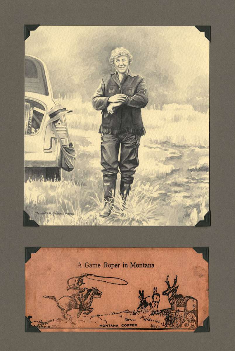 Elizabeth Lochrie by Jessica Glenn  Image: Elizabeth Davey was born in 1890 in Deer Lodge, MT and died in 1981 in Ojai, CA. Elizabeth grew up in Deer Lodge and Butte, MT, and after high school received an art degree from Pratt Institute in New York. From the time she was a young girl her artistic talents were nurtured by her parents. Later her husband Arthur would also proudly support her in her art career. In the early 1930’s Elizabeth began visiting Glacier National Park and studying under Winold Reiss. After becoming friends with the Blackfeet they initiated her into the tribe, giving her the name “Netchitaki,” which means “Lone Woman,” or “Woman alone in her way.” She immersed herself in their culture and painted hundreds of portraits, as well as visited tribes in other states and in Canada. Elizabeth was fortunate to receive commissions for murals by the Federal Art Project, a program of the New Deal. She painted murals in post offices in Burley, ID, Saint Anthony, ID, and in Dillon, MT. Her painting career continued well into her 80’s. The Hockaday Museum of Art maintains a permanent collection of some of her work.
Sources: “A Timeless Legacy-Women Artists of Glacier National Park,” 2015 publication of the Hockaday Museum of Art. Lochrie.DoaneHoag.com, the website of Doane Hoage, Lochrie’s grandson.
Photo reference: Elizabeth, circa 1950’s beside her “studio on wheels.” Montana Historical Society.