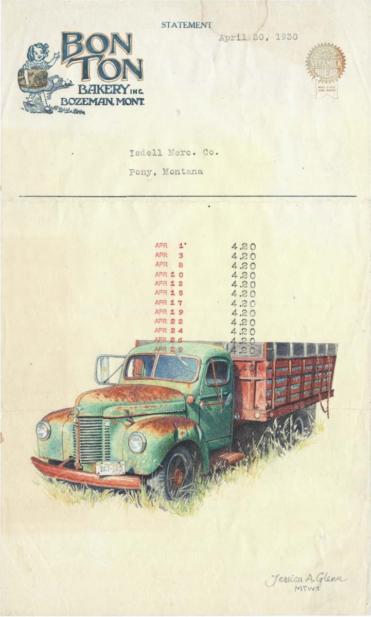 '41 International II by Jessica Glenn  Image: Watercolor of 1941 International truck on vintage Bon Ton Bakery receipt circa 1930.