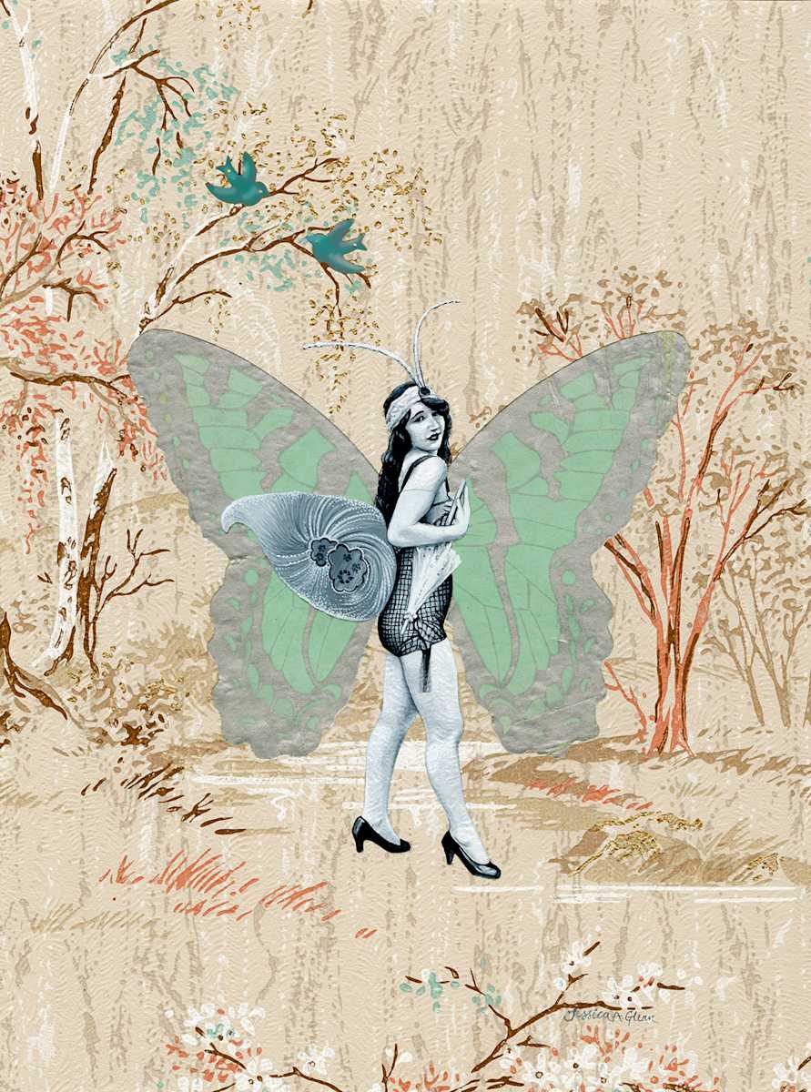 femme papillon by Jessica Glenn  Image: Gouache on collaged vintage paper butterfly and vintage screen-printed wallpaper sample.
