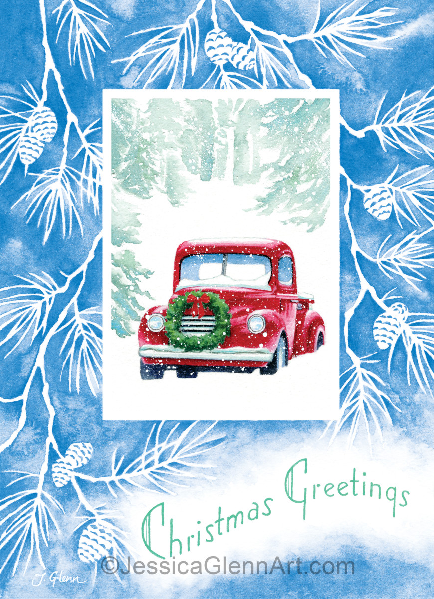 Vintage Red Truck Christmas Card by Jessica Glenn 