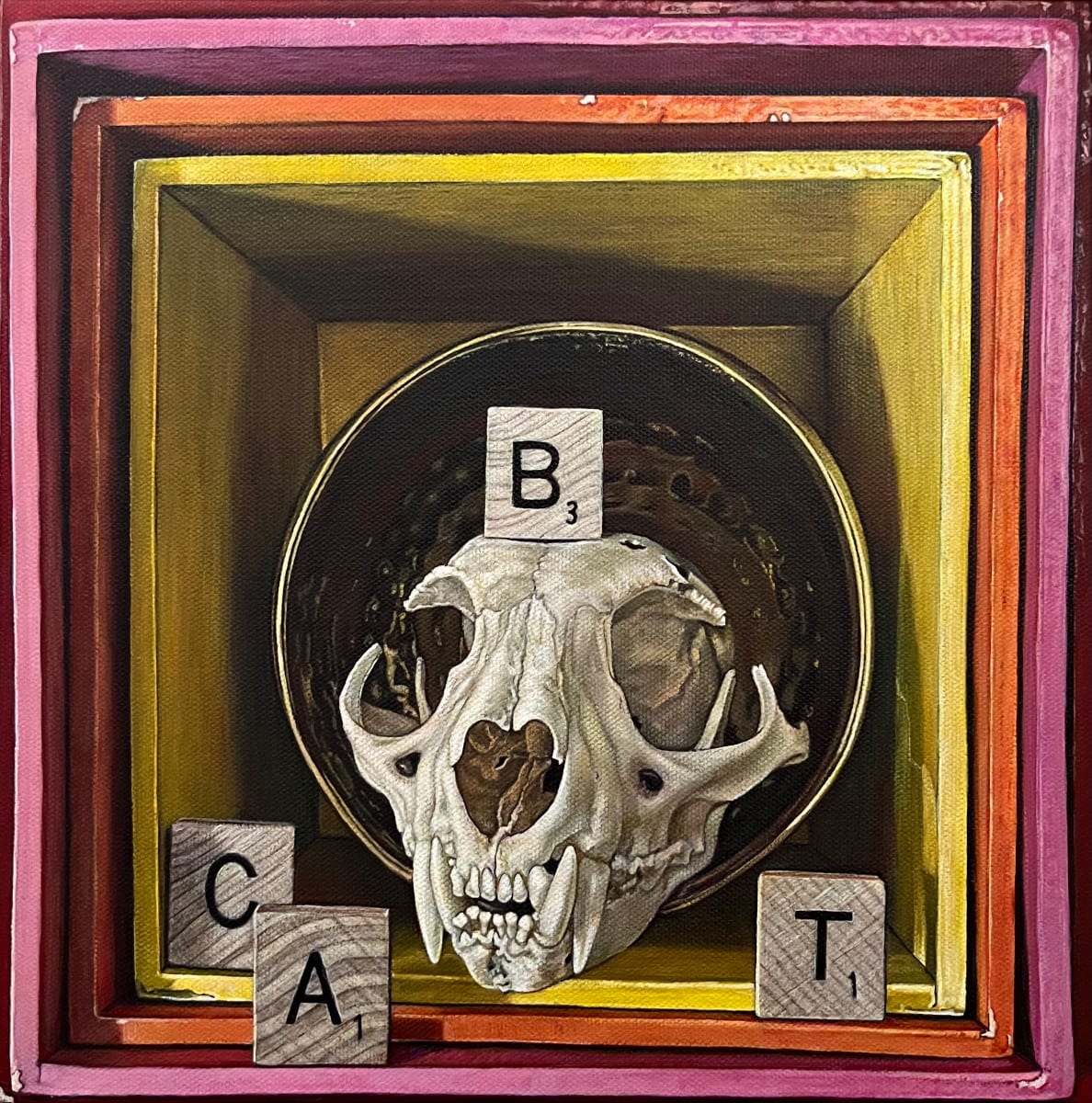 Goldthwait by Paige Wallis  Image: One of a series of twelve in my Boxed Still Life: Skulls & Scrabble

This original acrylic painting is on 12" x 12" stretched canvas with matching painted sides to enhance the 'boxed' look and is wired and ready to hang.
