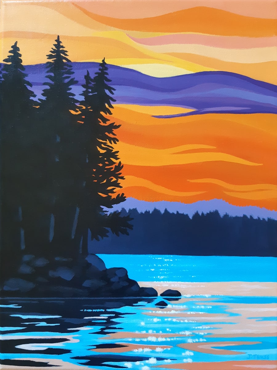 Summer Dreams by Jane Thuss  Image: The beautiful orange and purple sunset, glows behind the dark silhouette of pine trees and rocks, as the last rays of sunlight sparkle on the blue and orange lake.