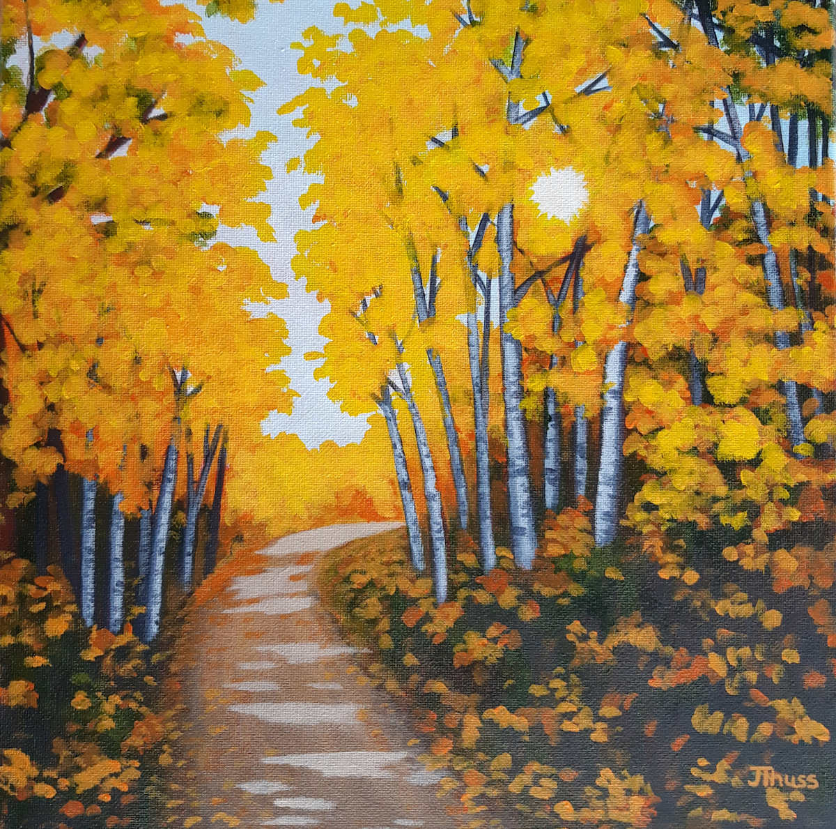 My Quiet Place by Jane Thuss  Image: A beautiful autumn afternoon for a walk down a quiet, shadow dappled path winding its way between birch trees full of golden leaves.