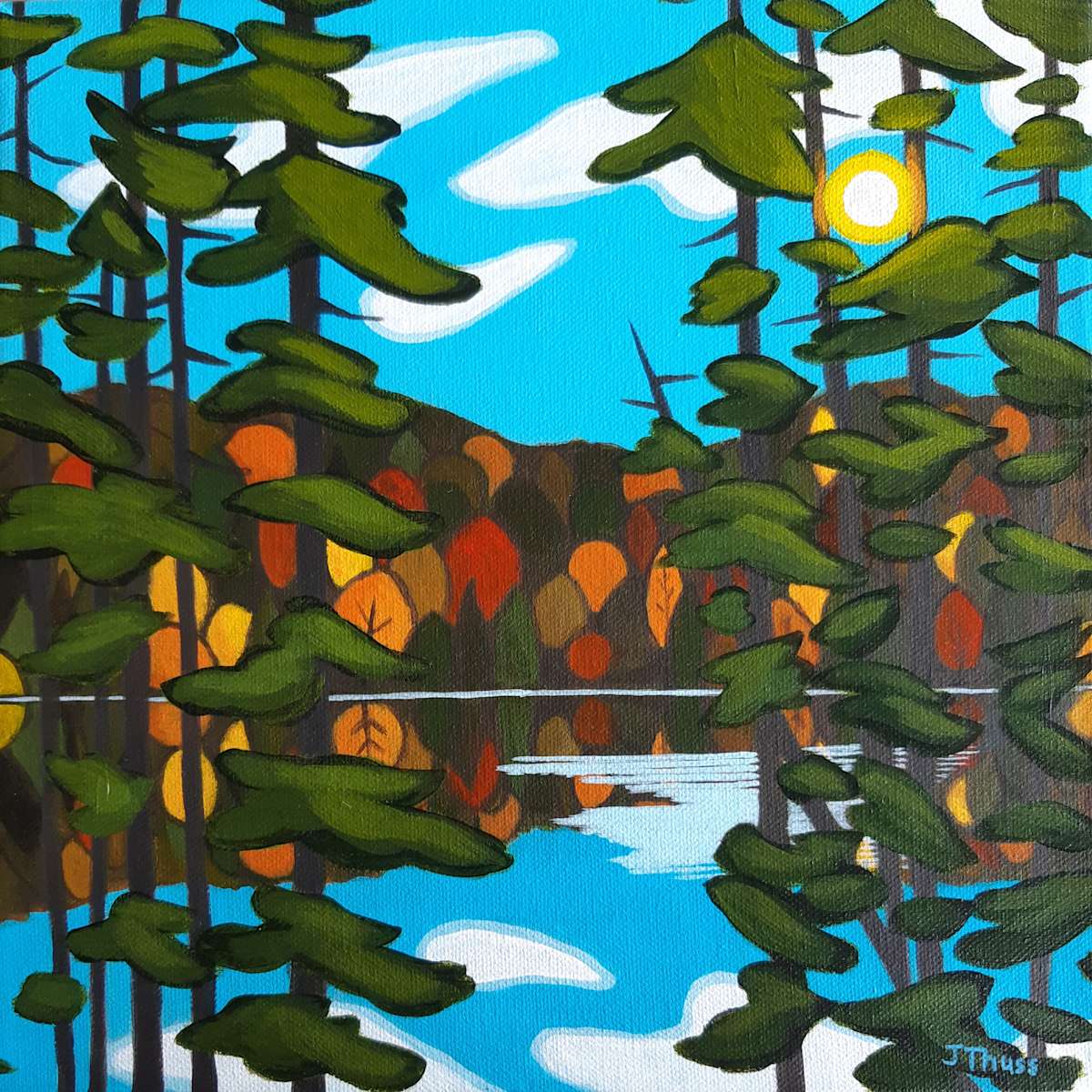 Autumn Reflections by Jane Thuss  Image: A beautiful autumn afternoon at the lake. A colorful fall forest can be seen between the tall pine trees and its reflection is like a mirror on a blue lake.
