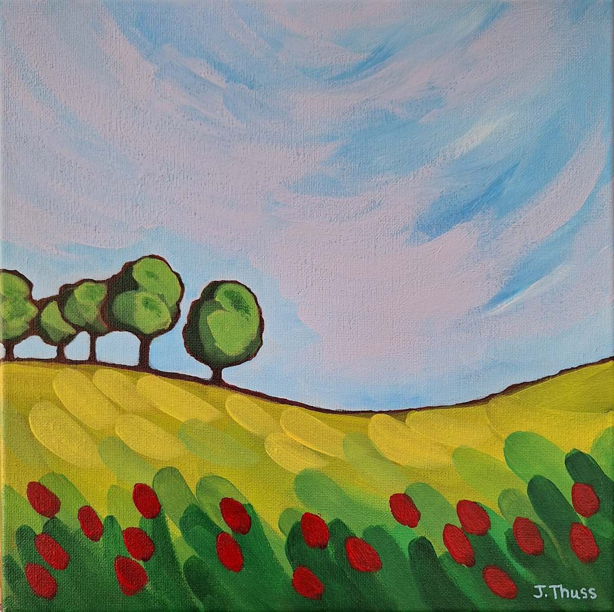 Summer Days by Jane Thuss  Image: Summer winds blow clouds across the sky and move through the red flowers and green meadow.