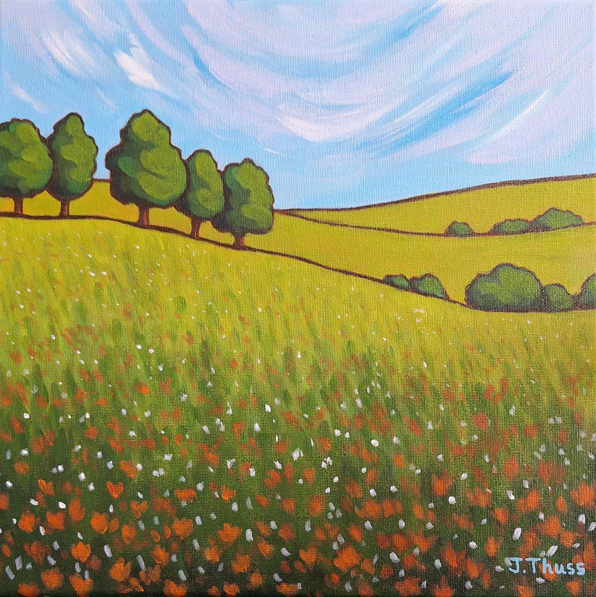 Summer Season by Jane Thuss  Image: A summer breeze blows the clouds across the sky and ripples through the green rolling fields of orange and white flowers.
