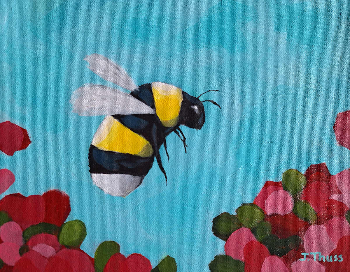 Signs of Spring by Jane Thuss  Image: A yellow and black bumble bee buzzes over a garden of red and pink flowers.