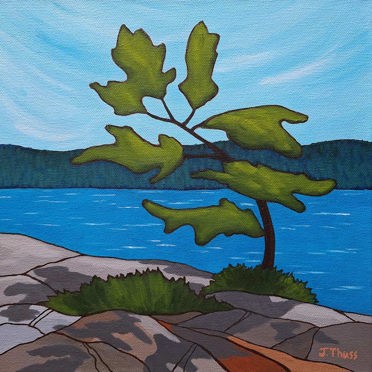 Windy Pine by Jane Thuss  Image: A lone pine tree waves it's branches on a windy day beside the lake.