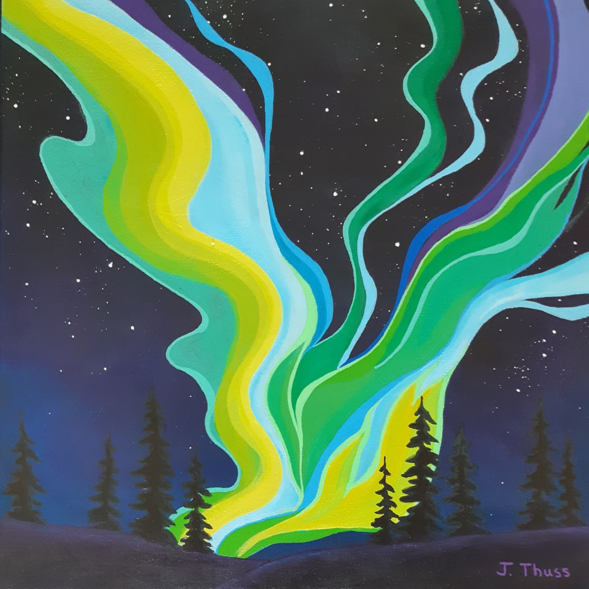 Aurora Borealis by Jane Thuss  Image: Beautiful colours of blue, green and purple light, dance across the northern night sky