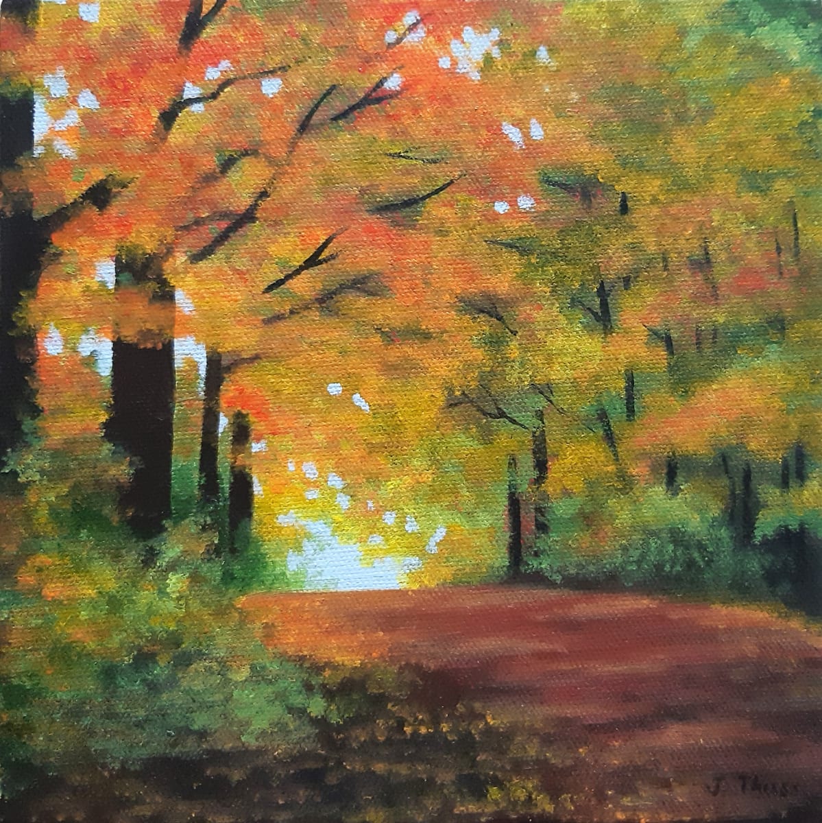Autumn Trail by Jane Thuss  Image: Colourful autumn leaves fall on a trail through the woods.