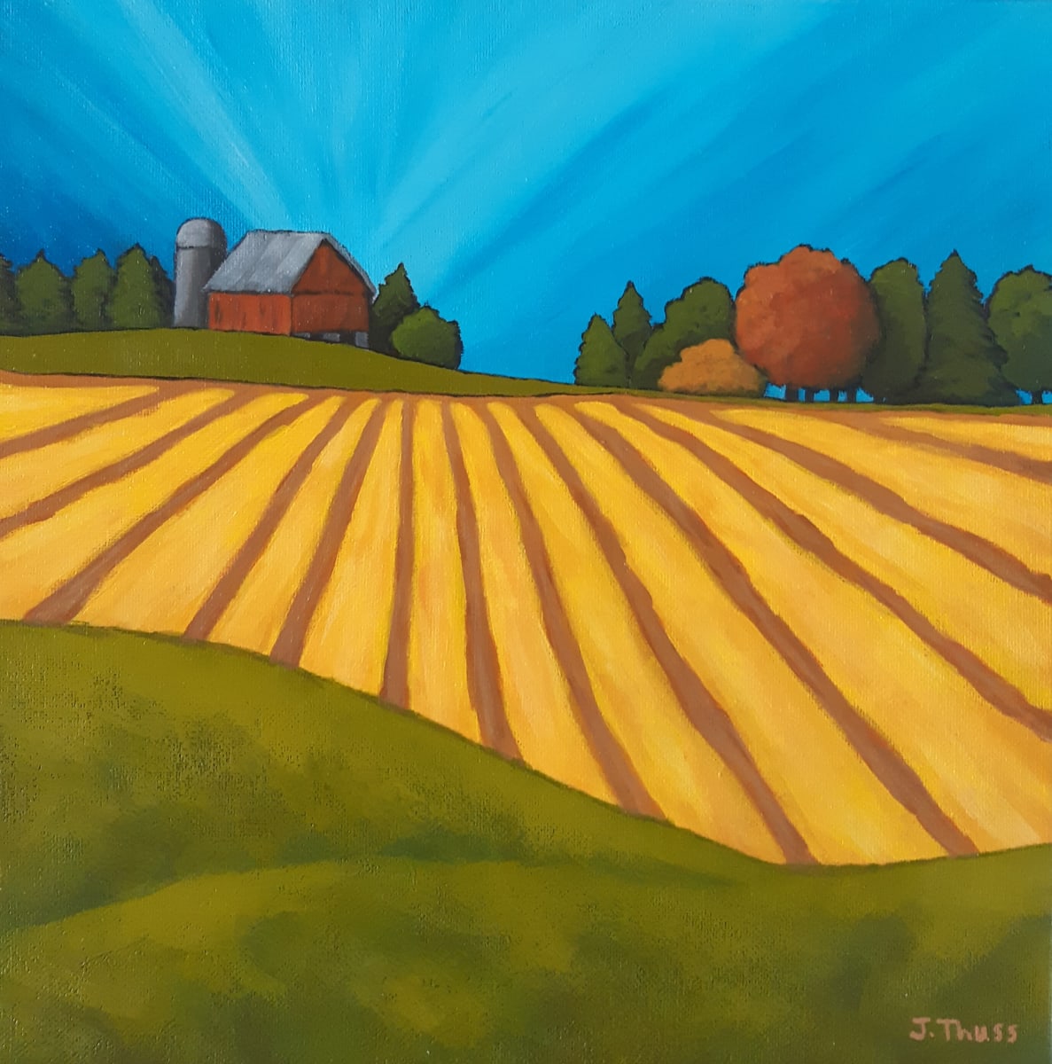 Country Fields by Jane Thuss  Image: Yellow farm fields stretching out the horizon, meet up with a red barn, silo and multi-colored trees.