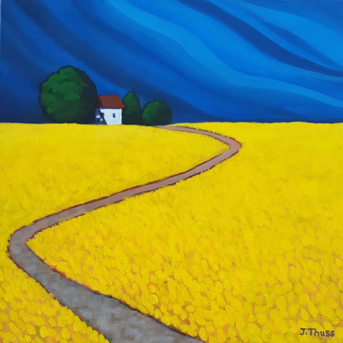 Down The Lane by Jane Thuss  Image: A dusty lane winds its way down from the top of the hill, where a white and red house sits, overlooking the bright yellow canola fields. 