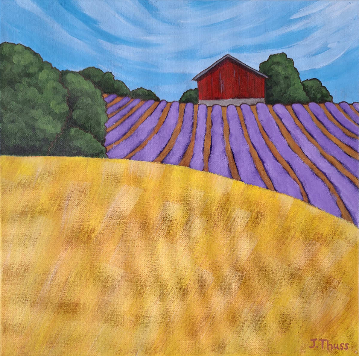 Harvest Hues by Jane Thuss  Image: An old red barn looks over neat rows of purple lavender and hills of golden wheat waving in the summer breeze.