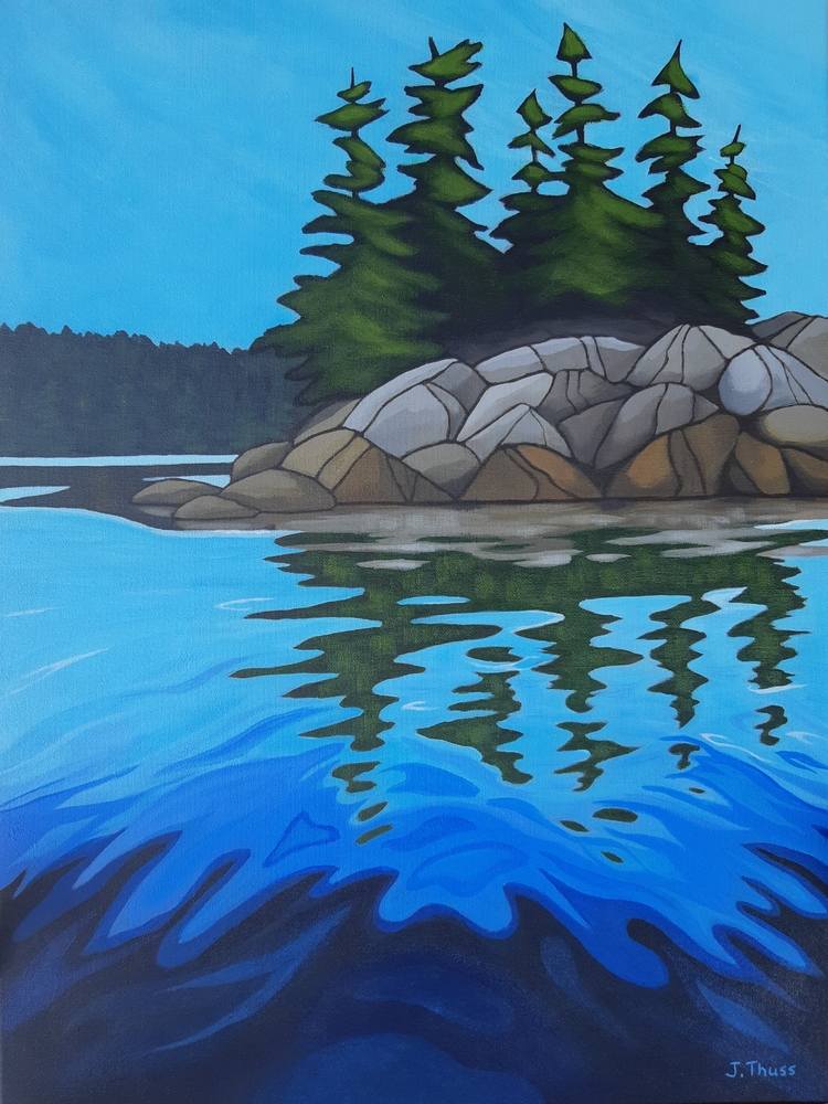 Reflections by Jane Thuss  Image: Pine trees on a rocky island are reflected in the deep blue lake.