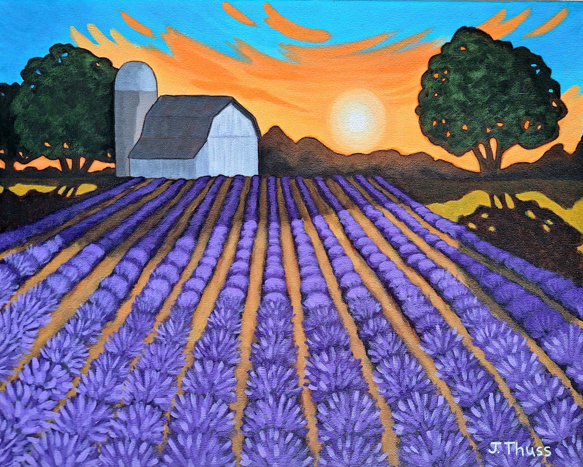 Lavender Glow by Jane Thuss  Image: An old barn casts its shadow among the blooming lavender fields, as the setting sun spreads warm orange hues across the sky.