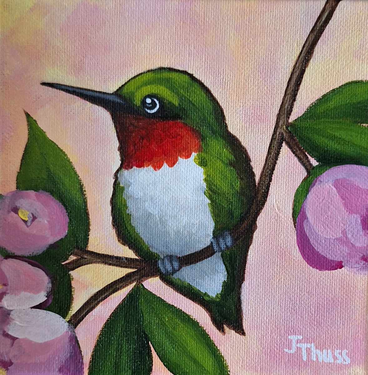 Morning Pause by Jane Thuss  Image: Among branches of pink blossoms, the quiet hummingbird captures the stillness of a beautiful spring morning.